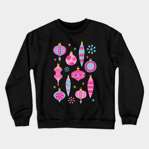 Retro Christmas Ornaments Pink - Mid Century Modern - Black Crewneck Sweatshirt by PUFFYP